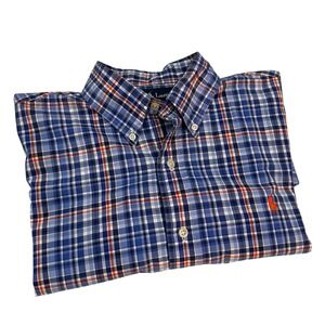 Ralph Lauren Custom Fit Mens Large - Button Blue Orange Plaid Shirt Short Sleeve
